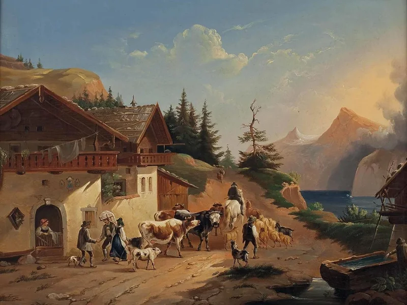 1807-Friedrich Gauermann - Uscita dei pastori con il bestiame davanti alla casa colonica